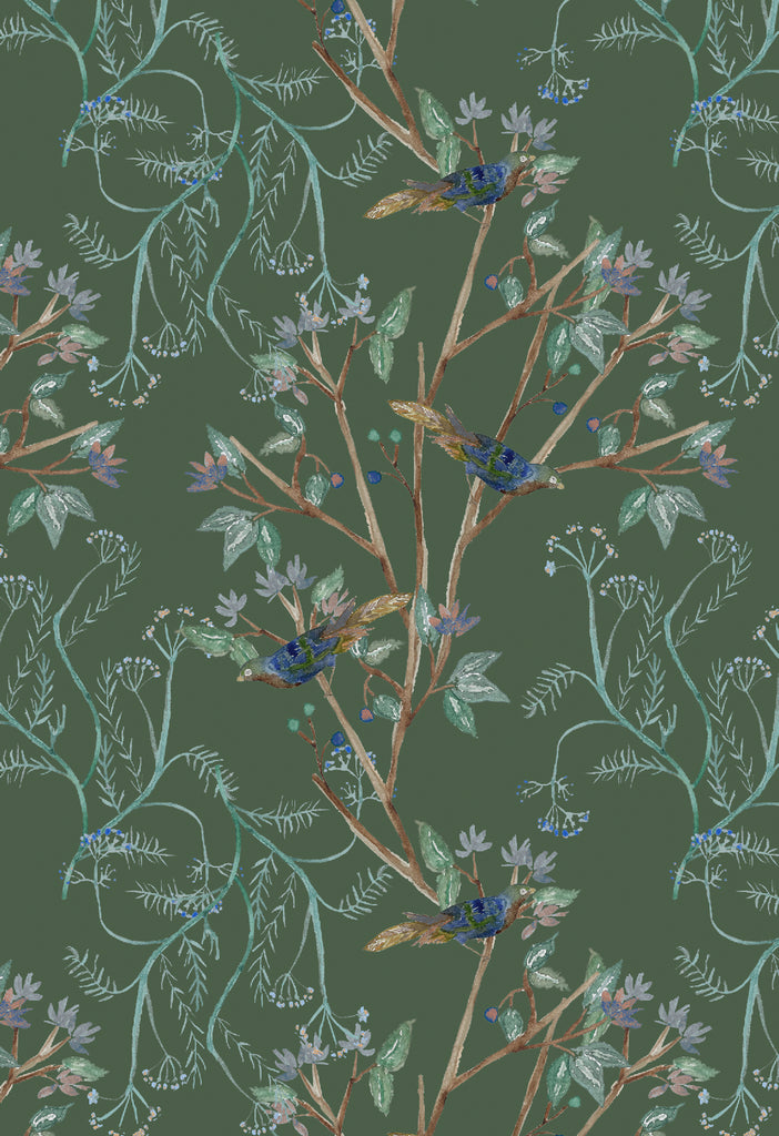Birds Green Linen